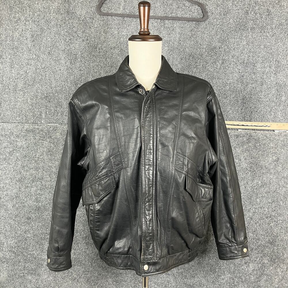 St. Michael Leather Jacket Mens M Black Vintage BomberFullZipPocketsLinedClassic